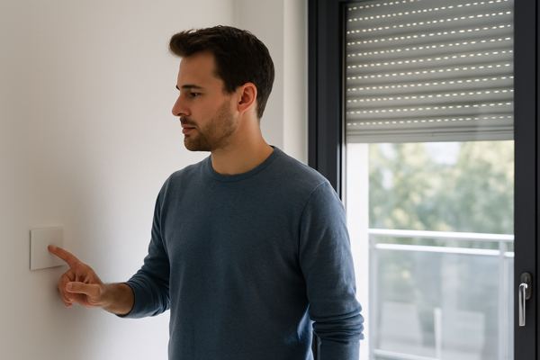 Main qui appuie sur une commande murale blanche sensitive à côté d'une baie vitrée avec volet roulant à moitié — Dépannage Volet Somfy